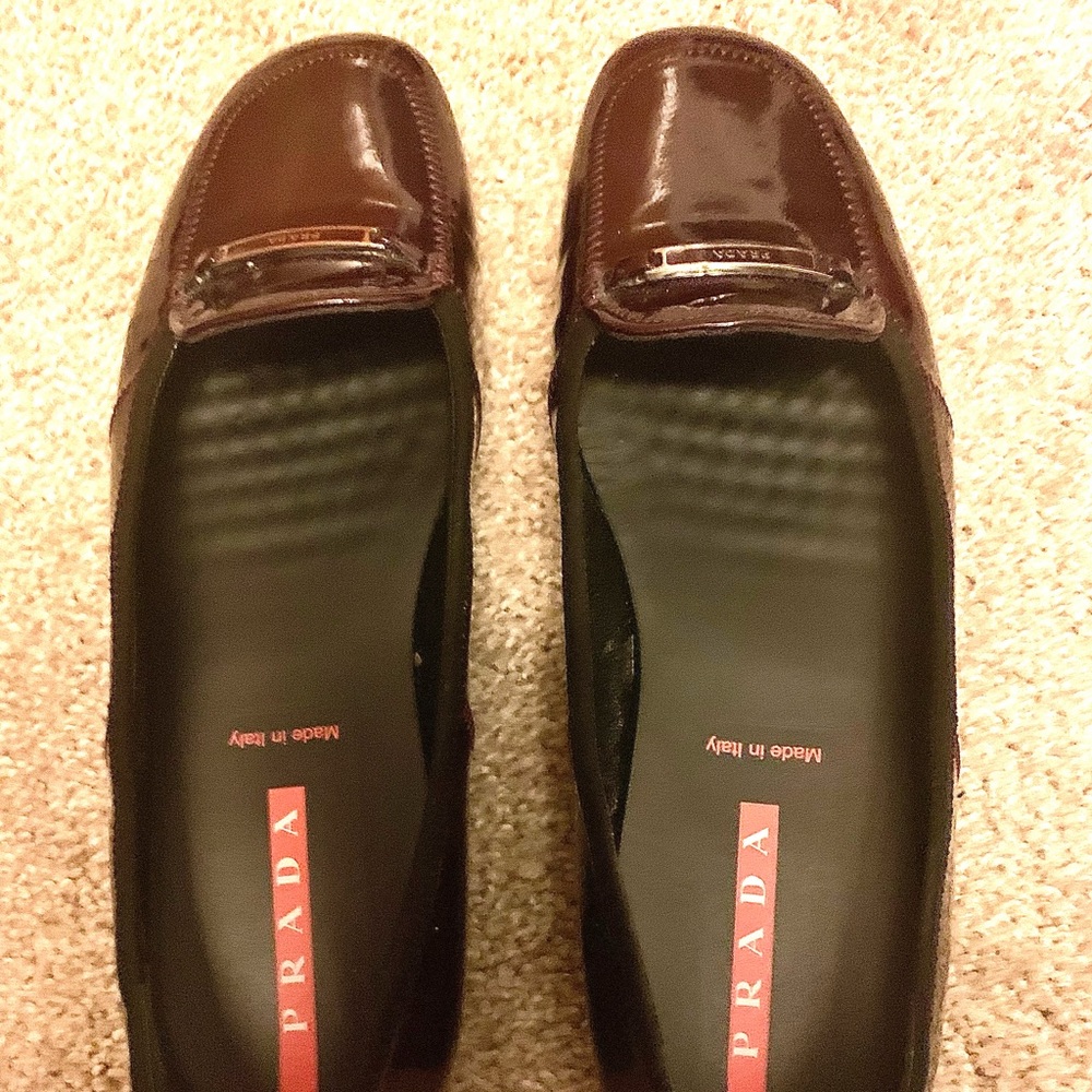 **SOLD** AUTHENTIC PRADA maroon patent leather driving loafers.
